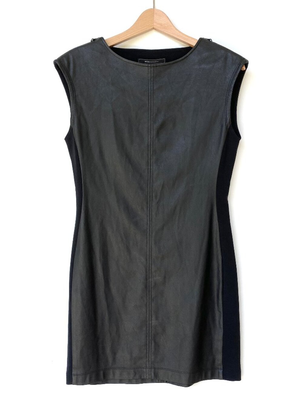 BCBGMAXAZRIA Black Faux Leather Karlee Zip Shoulder Shift Mini Dress XS NWOT
